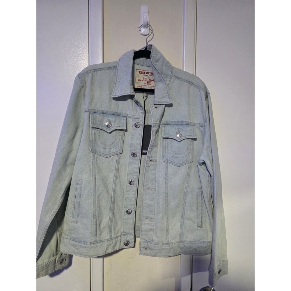 True Religion Men's M Blue Trucker Jacket Button Front Collared Pockets